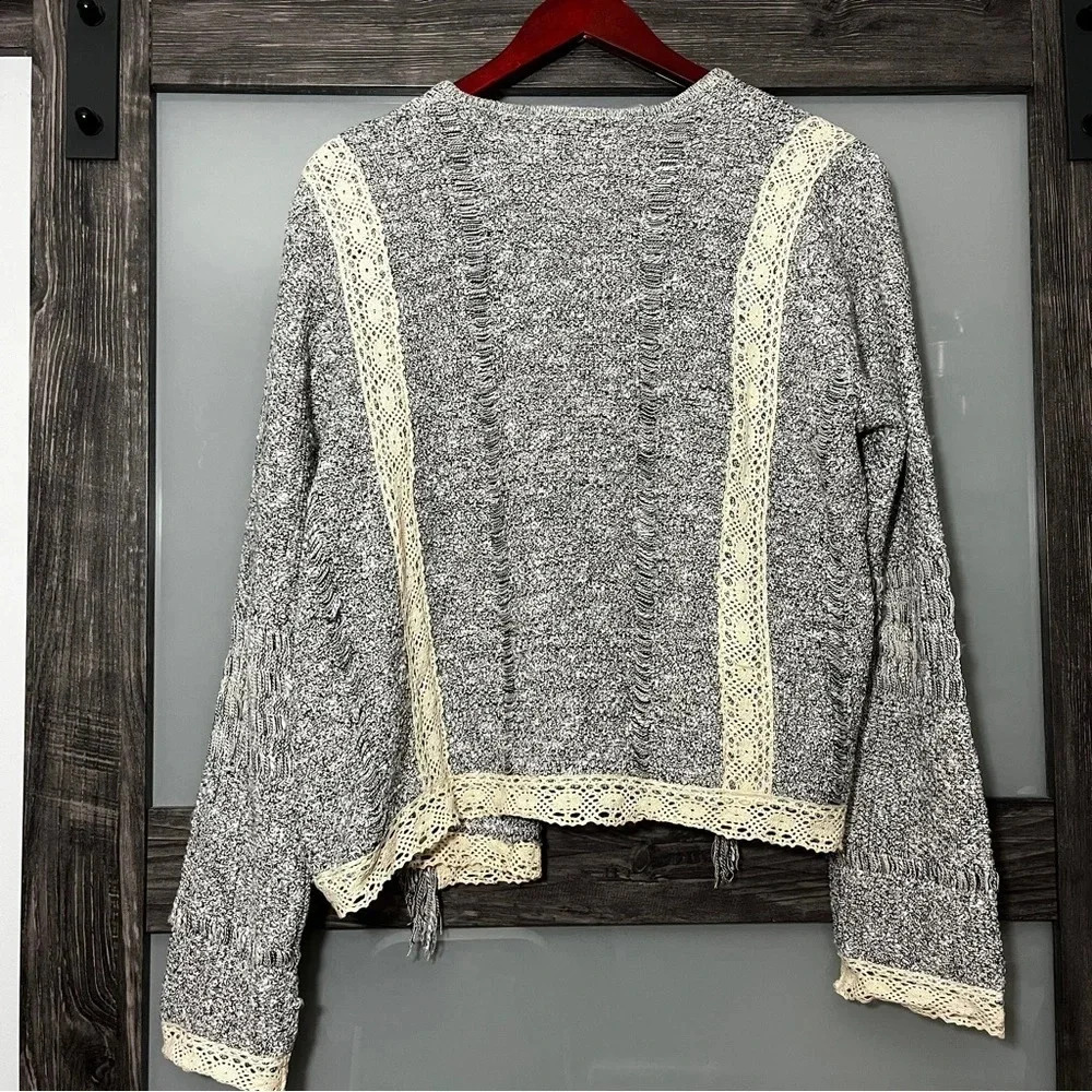 Mary McFadden Tweed Open Front Cardigan Lace Trim & Fringe Details Women's L - Picture 3 of 10